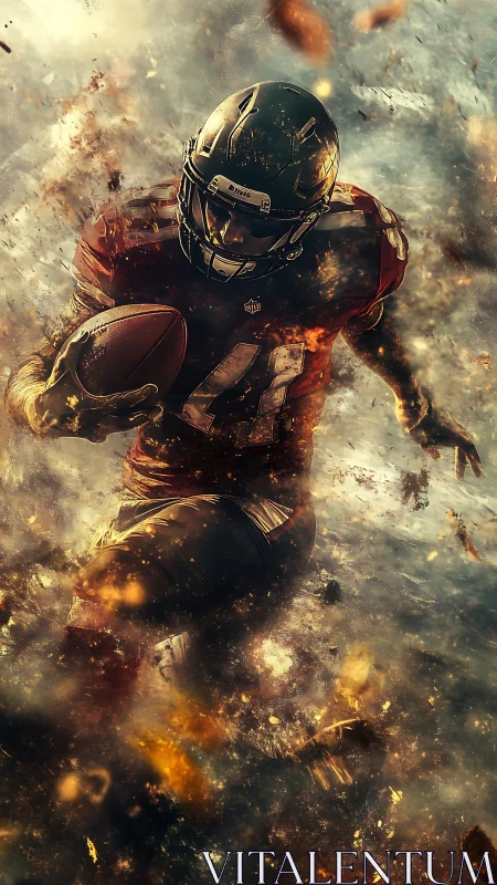 American football player runs forward through abstract debris