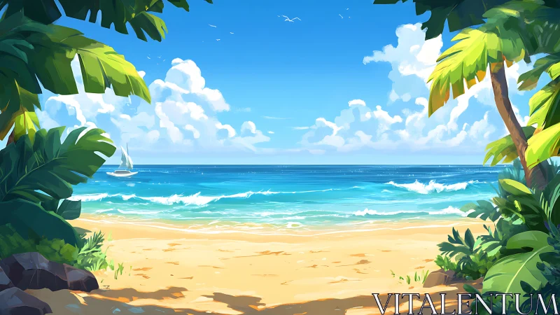 Tropical Beach Scene with Palm Trees and Sailboat