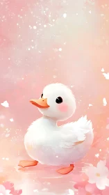 Soft-lit stylized duckling illustration with bokeh and pastel bloom background