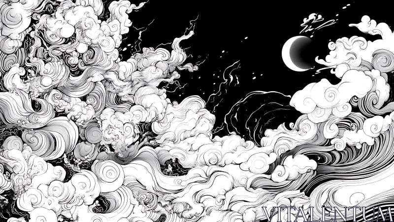Monochrome crescent moon above swirling ornamental storm clouds