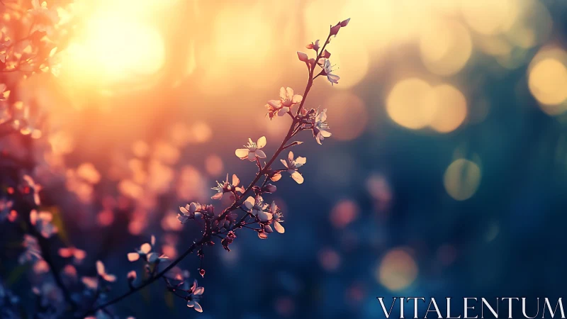 Close-up twig of pink blossoms against glowing sunset bokeh