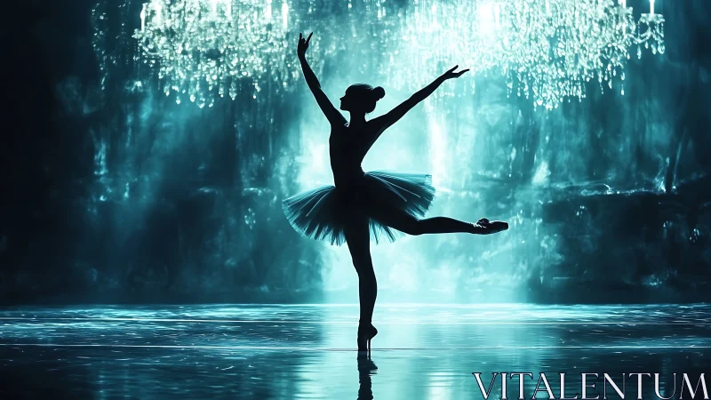 Graceful ballerina poised beneath shimmering crystal lights.