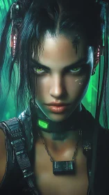Cyberpunk woman with neon implants and intense gaze.