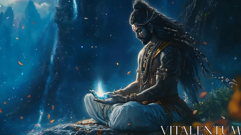 Mystic warrior meditates amid glowing blue mountain falls