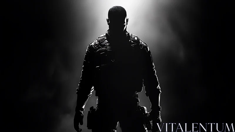Armored soldier silhouette stands against intense backlight