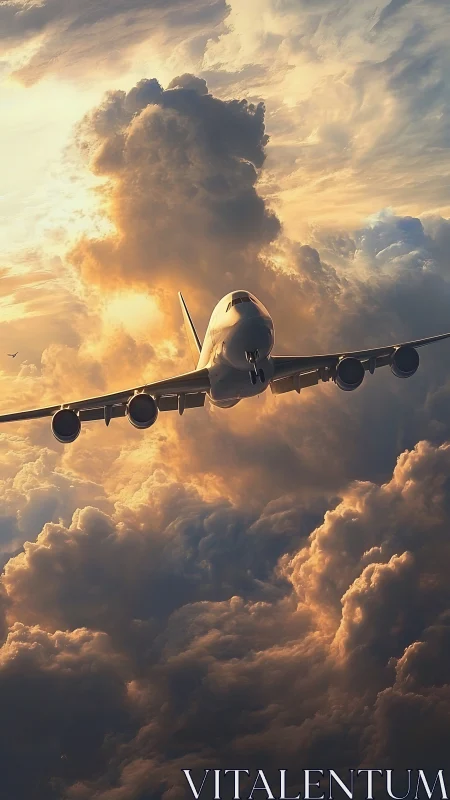 Passenger jet ascends through sunlit storm clouds at dusk.