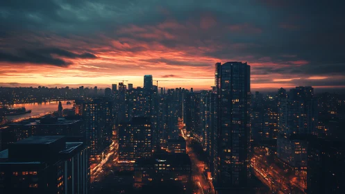 Dense city skyline shows illuminated towers under sunset sky
