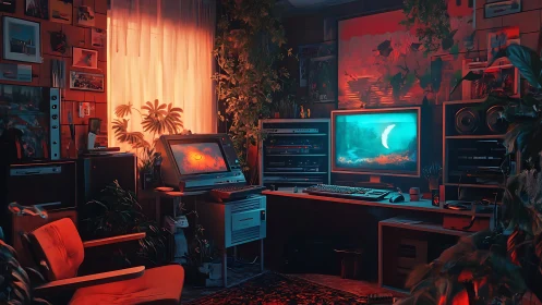 Moody retro workstation glows with neon screens and plants