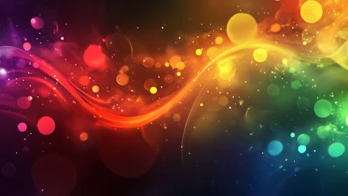 Vibrant multicolor light waves with floating bokeh orbs.