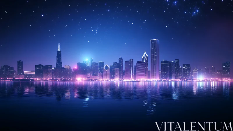 Neon tide kisses a starlit cyber skyline across still water.