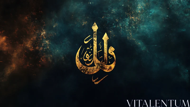 Celestial gold Arabic calligraphy blazing through cosmic dusk.
