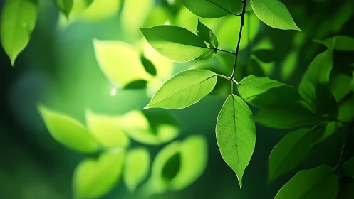 Sunlit green leaves in soft bokeh forest glow closeup.