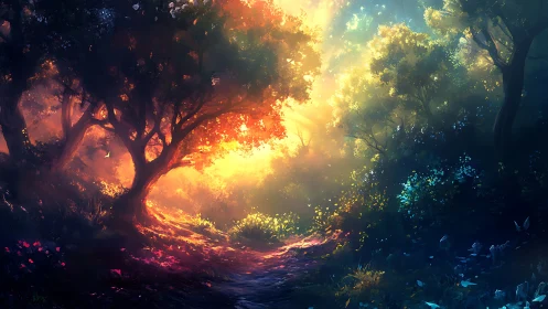 Luminescent Forest Canopy with Volumetric Caustic Illumination and Dual Color Temperature Gradient