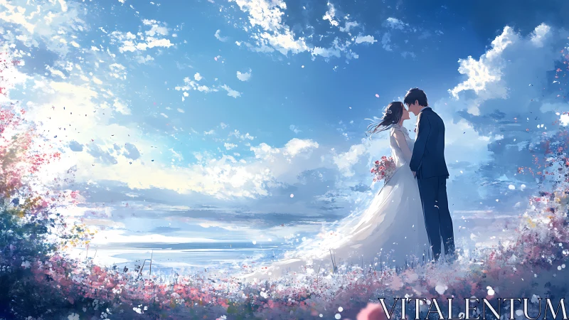 Bride and Groom Embrace in Romantic Flower Field Under Blue Sky