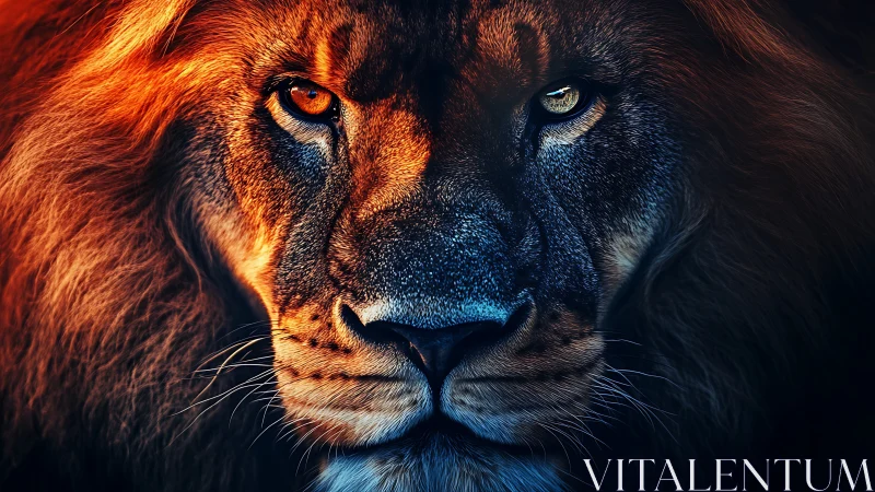 Close frontal view shows lion face with dual tone lighting