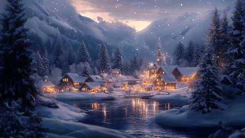 Snow-covered mountain village with illuminated riverside buildings.