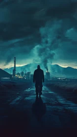 Lone figure on road facing smoking industrial refinery at dusk.