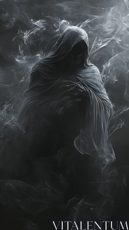 Hooded spectral figure formed from swirling gray smoke.