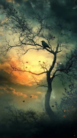 Solitary crow on twisted tree against burning dusk sky.