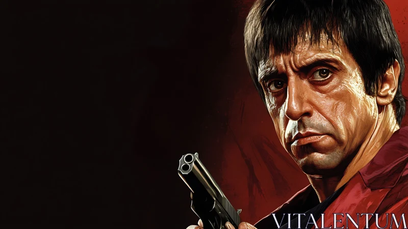 Man with handgun stares intensely against dark red background