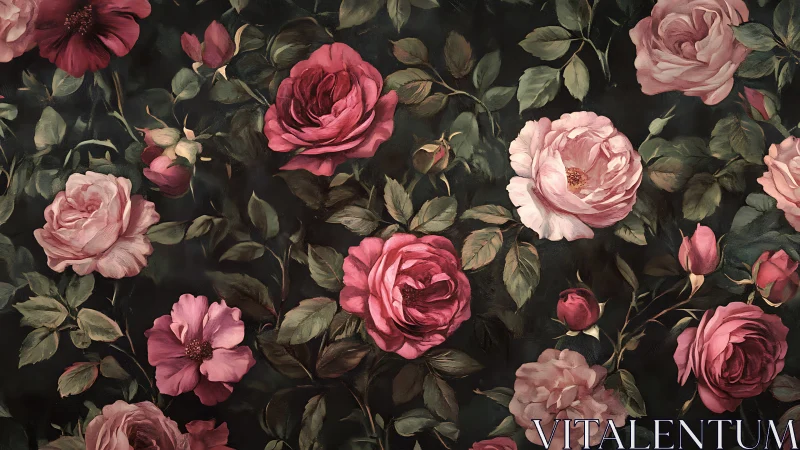 Romantic Garden Blooms: Pink Roses on Dark Botanical Background