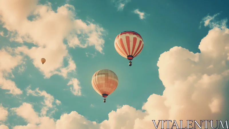 Striped hot air balloons drift calmly through soft clouds.