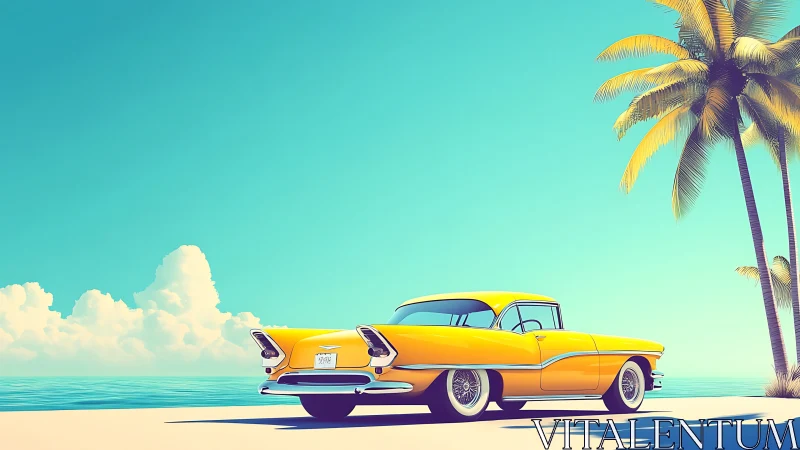 Yellow classic coupe parked on bright tropical beach road.