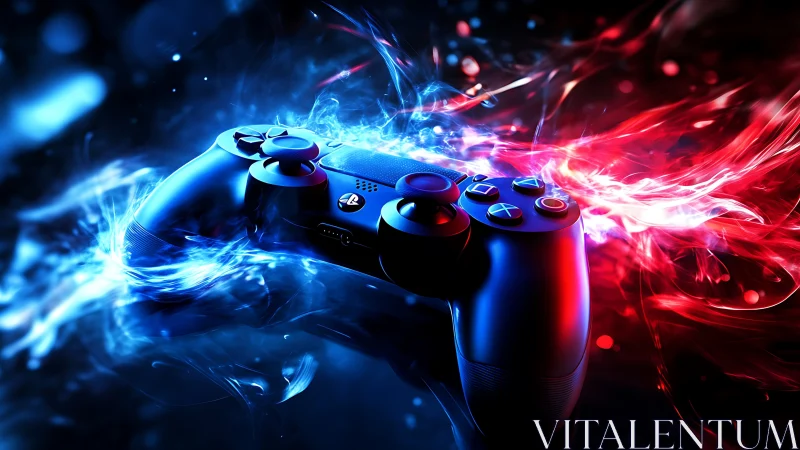 Game controller glows amid blue and red energy effects