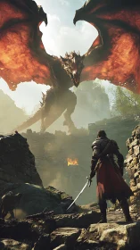 Armored warrior confronting towering dragon in ruins.