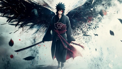 Dark-winged anime swordsman amid explosive storm of ink.