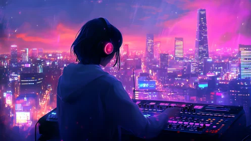 DJ operates RGB-lit mixer overlooking neon-soaked cyber cityscape