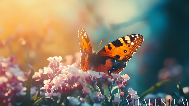Butterfly on clustered blossoms in soft sunset backlight.