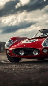 Photorealistic low-angle study of classic red race car front.