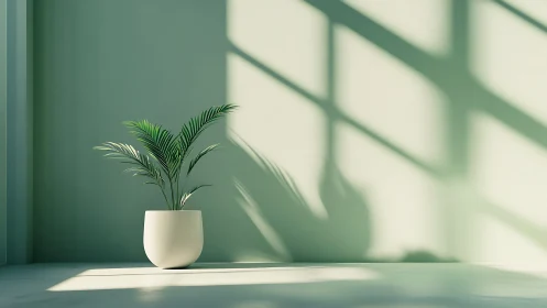 Minimalist potted palm in soft morning window light.