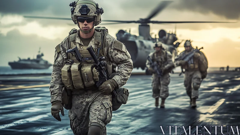 Modern soldiers on carrier deck with helicopter in background.