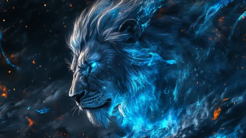 Mythic blue lion blazes through swirling cosmic storm.
