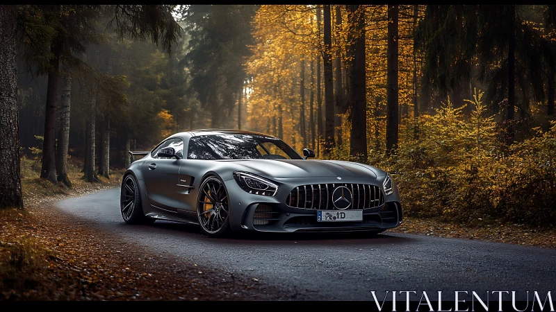 Mercedes sports coupe glides along a serene autumn forest road.