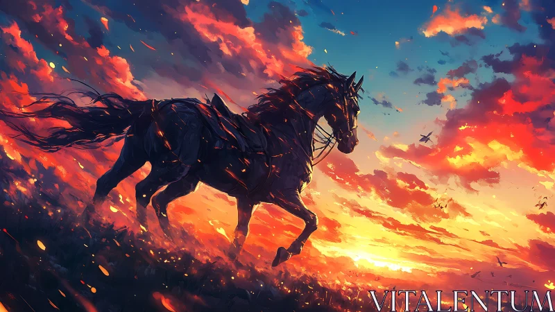 Fiery black stallion charges across a blazing sunset sky.