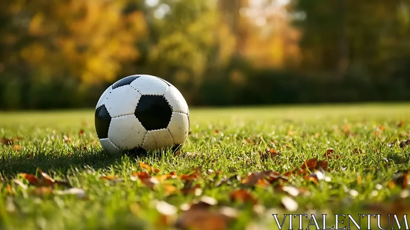 Soccer ball rests on autumn grass in warm golden light.