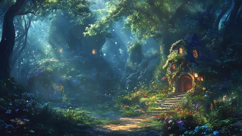 Enchanted forest cottage basks in dreamy dappled light.