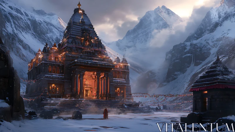 Mountain temple complex in snowy valley at dusk lighting.