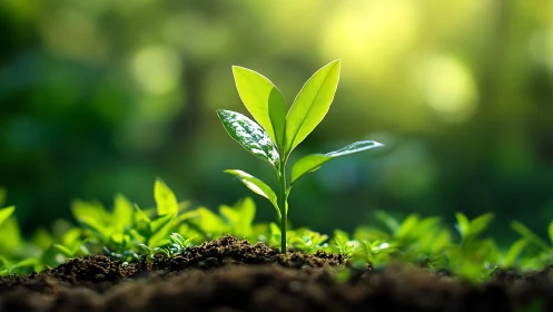 Young plant sprouting in sunlight, vibrant nature photography.