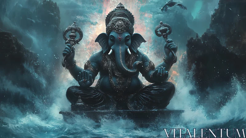Majestic blue Ganesha statue amid stormy ocean waves.