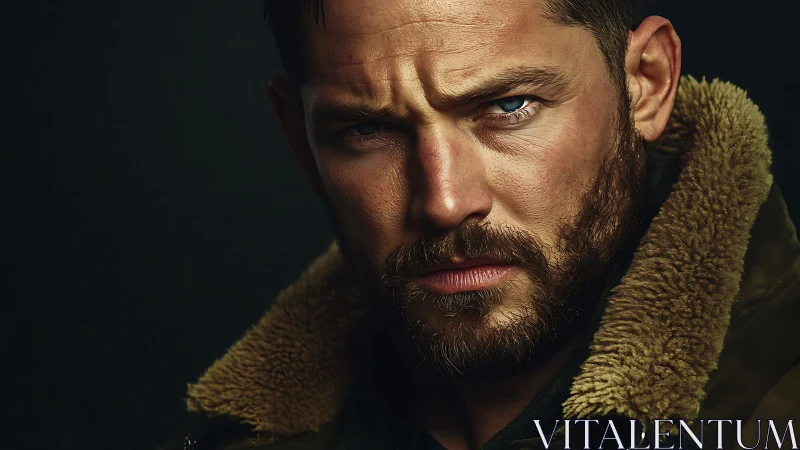 Storm-eyed wanderer framed in rugged winter collar.