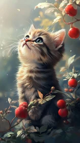 Kitten Gazes Upward Among Vibrant Red Berries.