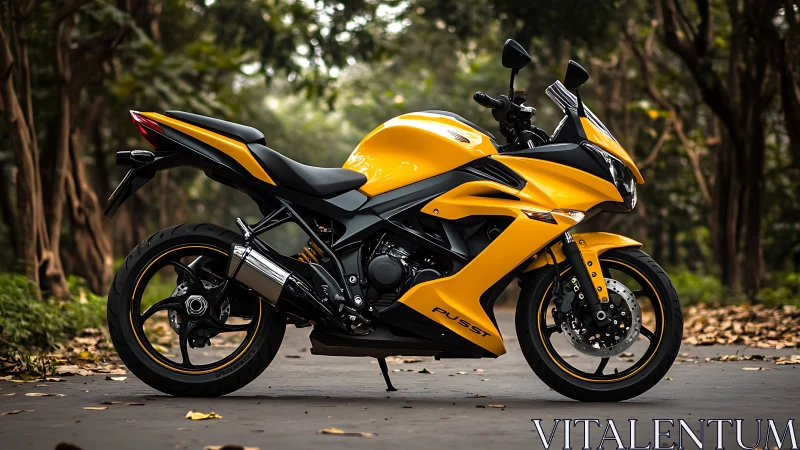 Sport motorcycle in vivid yellow fairing on forest road.