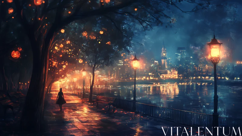 Halloween-lit riverside promenade merges city glow and solitude