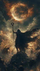 Dark warlock commanding lunar fire above haunted battlefield.