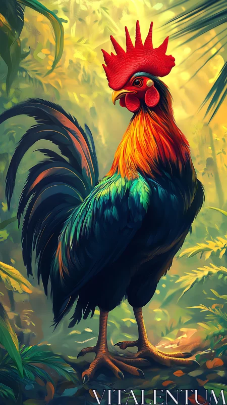 Vibrant Rooster Stands Tall in Golden Jungle Light.