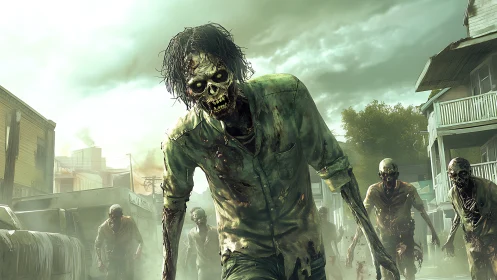 Eerie zombie horde shuffles through an abandoned neighborhood.